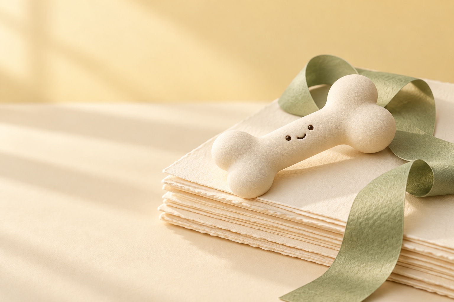The smiling Little Woof bone resting on keepsake paper with a sage ribbon
