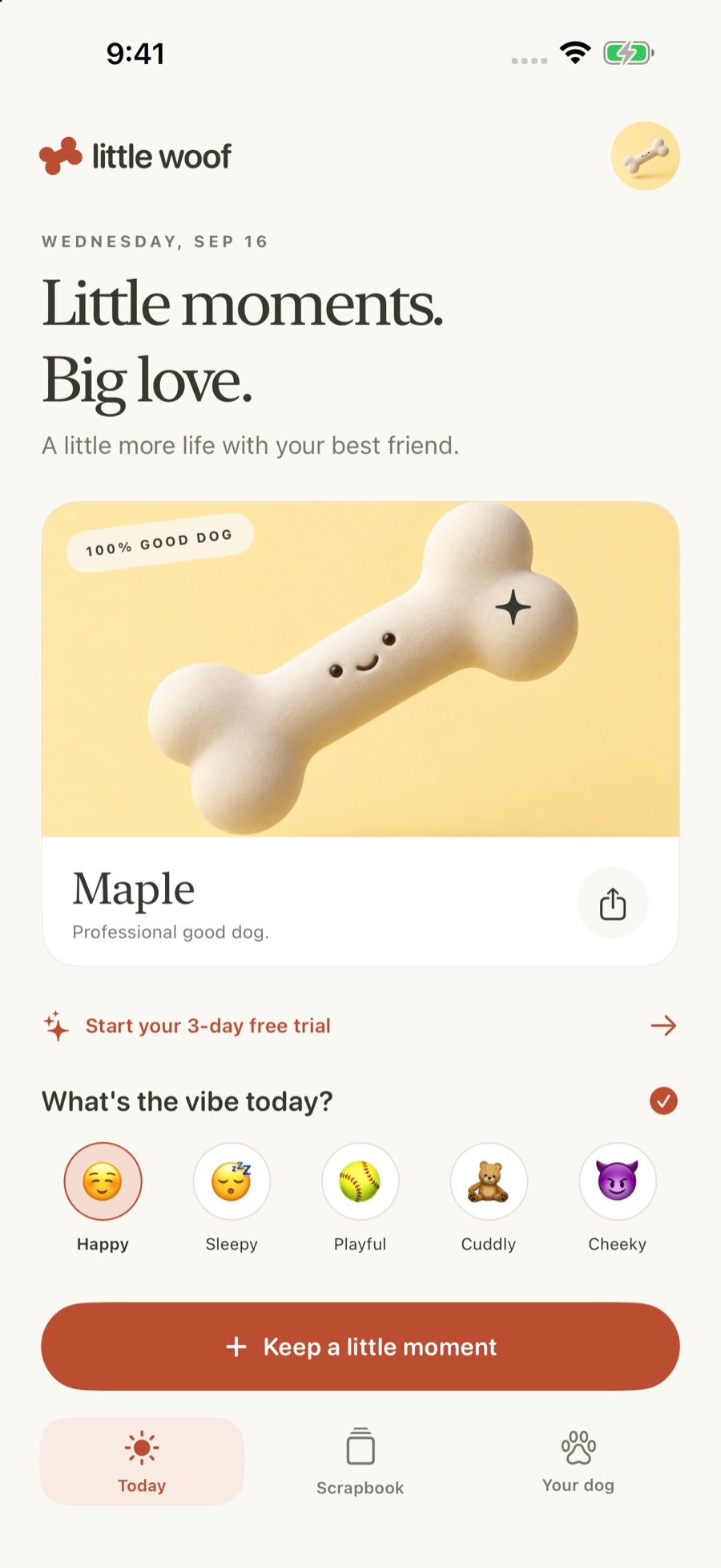 Little Woof Today screen with a personalized dog card and daily moods